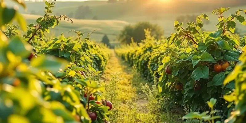 A scenic view of an orchard rich with organic produce under gentle sunlight.