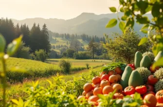A beautiful landscape showcasing an organic harvest in a sunlit orchard, filled with colorful fruits and vegetables.