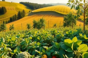 A photorealistic image of an orchard filled with organic fruits and vegetables set in a serene landscape.