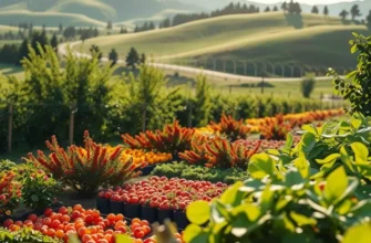 Abundant orchard showcasing a variety of colorful organic fruits and vegetables.