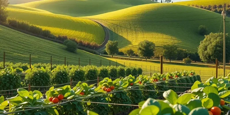 A broad scenic view depicting a healthy landscape filled with an array of organic fruits and vegetables.