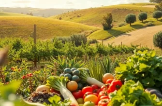 A sunlit field full of vibrant organic fruits and vegetables under soft, warm lighting.