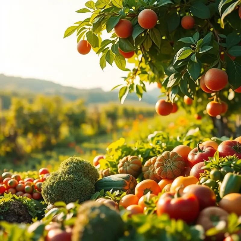 A lush sunlit field thriving with organic fruits and vegetables.