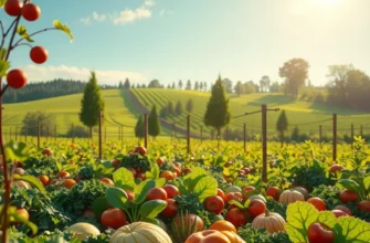A scenic field rich with vibrant vegetables and fruits under soft, warm sunlight.