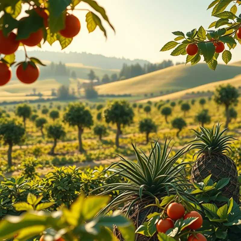 A vibrant Andean landscape filled with colorful vegetables and fruits under warm sunlight.