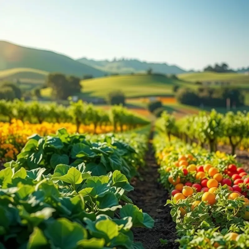 A vibrant Andean landscape filled with colorful vegetables and fruits under warm sunlight.