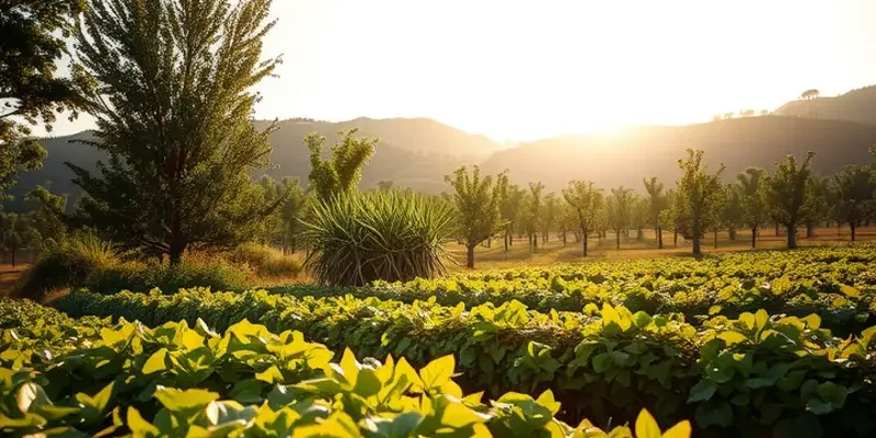 A beautiful scenic landscape portraying a field of vibrant fruits and vegetables.