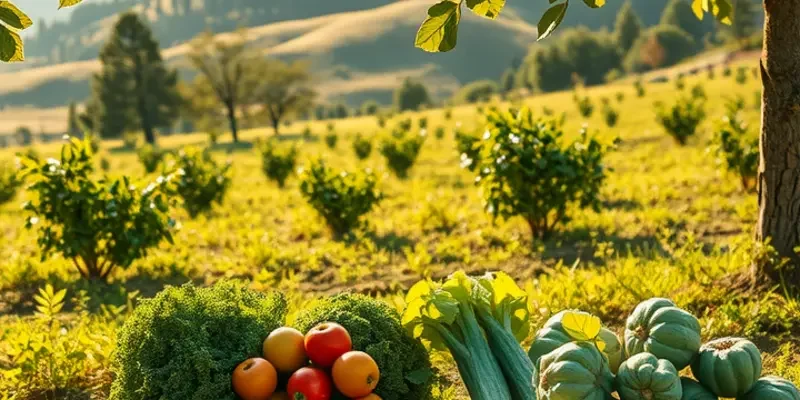 A breathtaking landscape showcasing an abundance of organic fruits and vegetables growing in nature.
