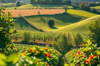 A serene landscape filled with vegetables and fruits symbolizing healthy Balkan cuisine.