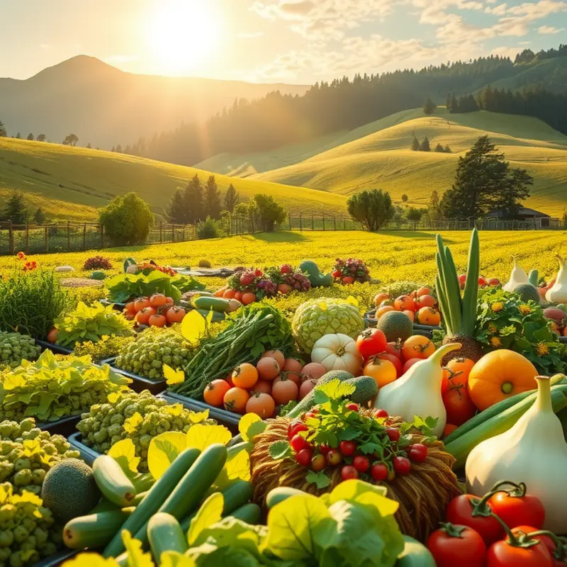 A vibrant orchard filled with organic fruits and vegetables, representing the essence of hybrid vegetarian diets.
