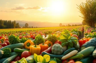 A scenic field abundant with healthy fruits and vegetables under gentle sunlight.