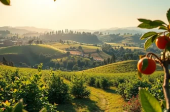 A photorealistic landscape depicting lush greenery and vibrant organic produce in a tranquil setting.