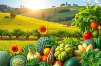 Abundant harvest of fresh fruits and vegetables in a sunlit natural setting.