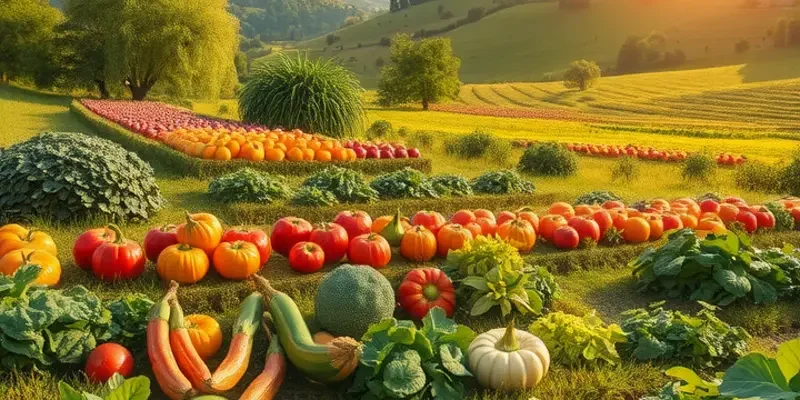 A sunny scene of an orchard with organic produce, symbolizing freshness and sustainable food practices.