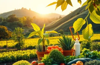 A scenic landscape showcasing fresh vegetables and fruits in a sunlit orchard surrounded by lush greenery.