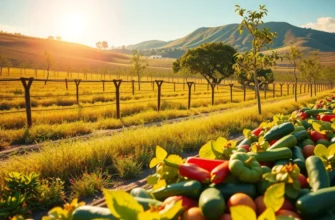 A photorealistic landscape of a sunlit field filled with vibrant fruits and vegetables, showcasing the essence of Cambodian organic agriculture.