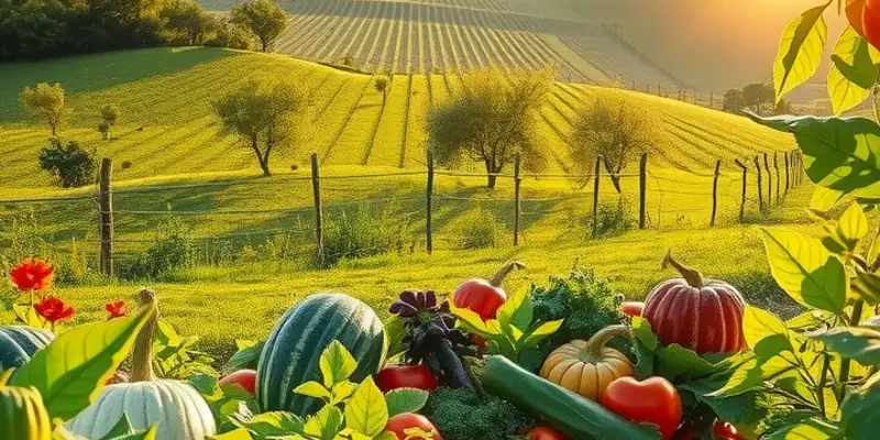 A lush landscape filled with assorted vegetables and fruits, highlighting the abundance found in breakfast traditions worldwide, without human presence.