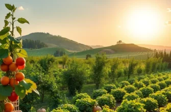 A lush orchard filled with vibrant vegetables and fruits under gentle sunlight.