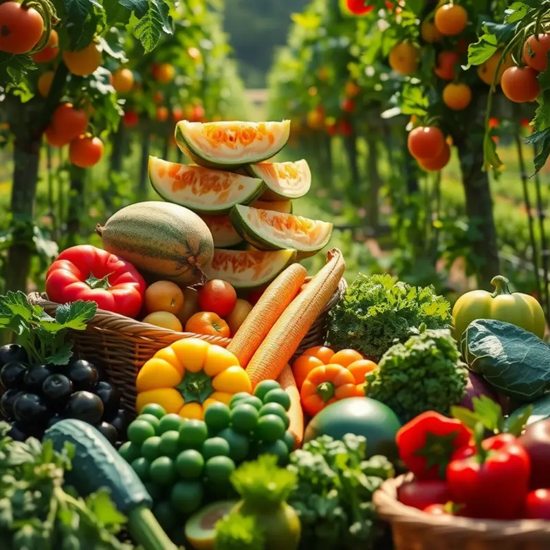 Vibrant fruits and vegetables in a sunlit orchard emphasizing freshness.
