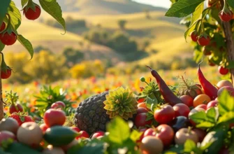 A bright and sunlit orchard filled with orange and lemon trees in a lush green landscape.