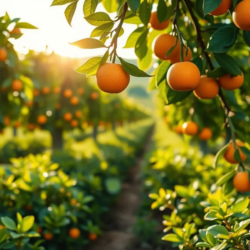 A flourishing citrus orchard bathed in sunlight.