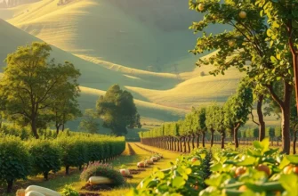 A sunlit orchard filled with vibrant, fresh fruits and lush greenery.