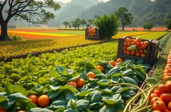 Lush field with an abundance of organic vegetables and fruits in a natural setting.
