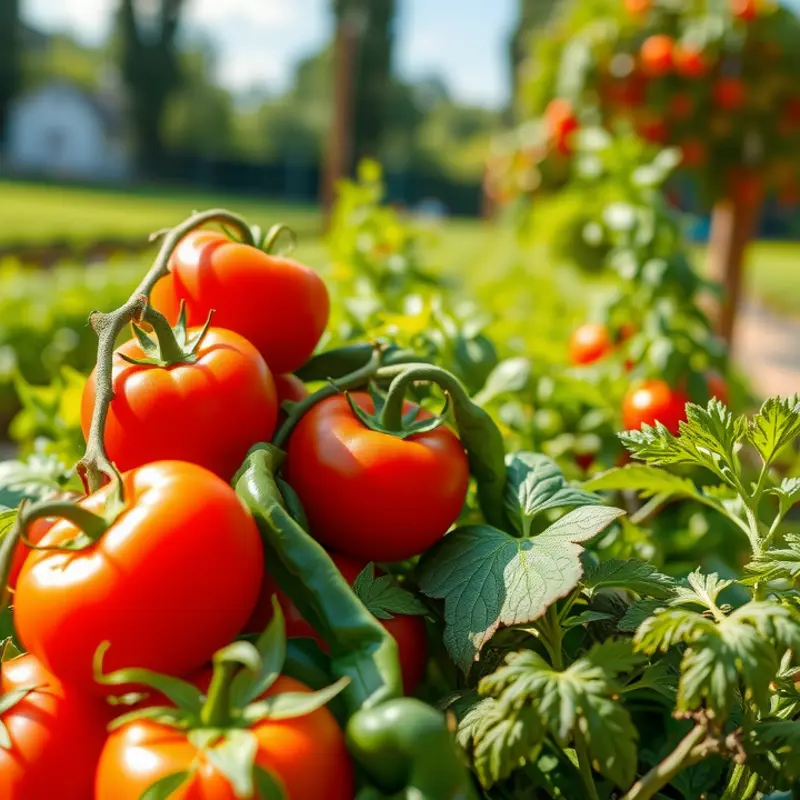 Vibrant fruits and vegetables in a sunlit orchard emphasizing freshness.