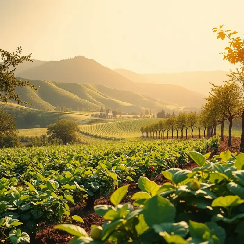 A vibrant landscape showcasing fresh vegetables and fruits in a sunlit field.
