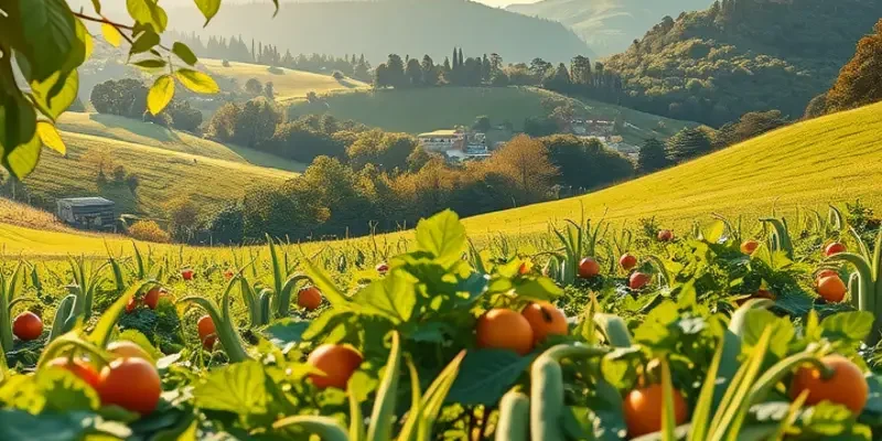A scenic view of an orchard filled with vibrant, healthy-looking fruits and vegetables.