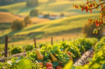 A scenic view of a field filled with fruits and vegetables under a bright sky.