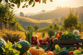 A vibrant and picturesque field of organic produce under soft sunlight, highlighting sustainable agriculture.