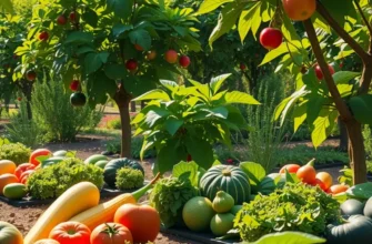 A sunlit field of organic vegetables and fruits growing abundantly in a natural, scenic setting.