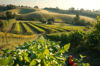 Photorealistic image of a vibrant landscape filled with healthy produce.