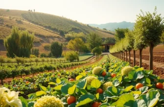 A beautiful sunlit field filled with a variety of organic fruits and vegetables.