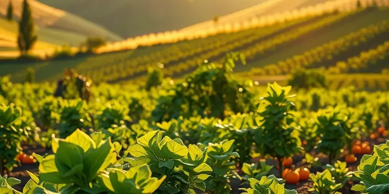 A picturesque field filled with organic produce, surrounded by greenery under warm sunlight.