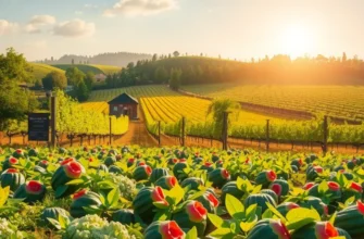 Sunlit landscape featuring a variety of organic produce, representing health and sustainability.