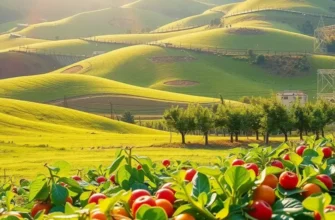 A scenic view of a sunlit field with vibrant vegetables and fruits, blending nature with nutrition.