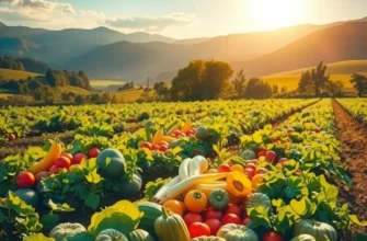 Field of vibrant organic produce under soft, warm light in a scenic landscape.