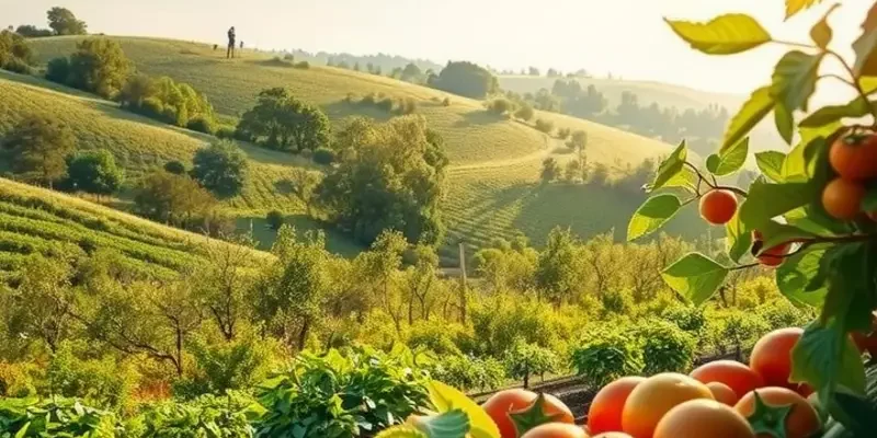 A scenic view of a sunlit field with vibrant vegetables growing among lush greenery.