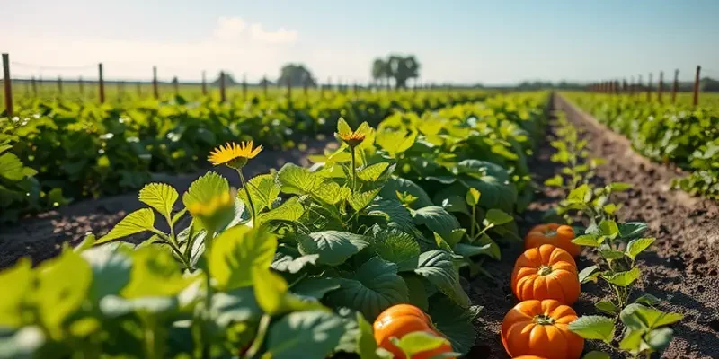 A bright, organic field showcasing an abundance of vegetables and fruits growing in a natural setting.
