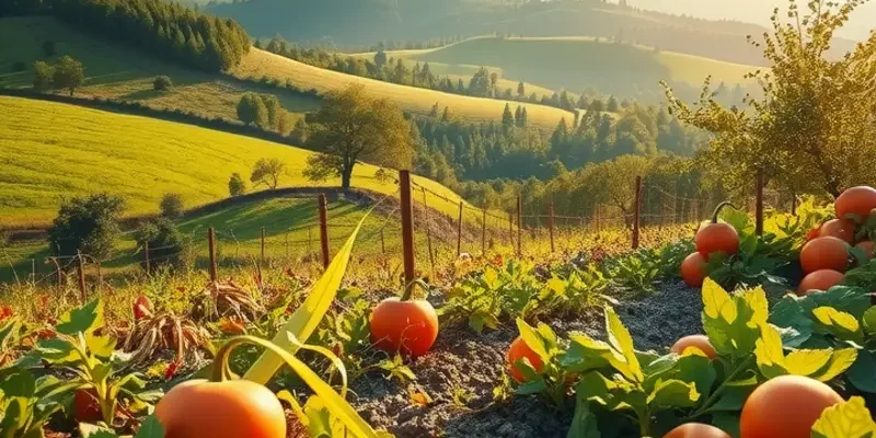 A vibrant landscape filled with organic vegetables and fruits, representing the culinary richness of high-altitude communities.
