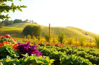 A beautiful landscape showcasing an orchard of ripening fruits and vegetables under warm sunlight.