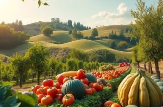 A serene landscape filled with vibrant organic fruits and vegetables under warm sunlight.