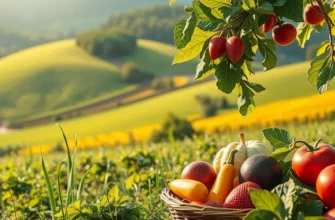 A vibrant natural setting with an array of fruits and vegetables, symbolizing health and nutrition.