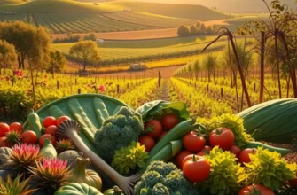 A picturesque sunlit landscape showcasing a variety of fresh organic fruits and vegetables in a natural setting.