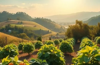 A sunlit orchard filled with vibrant vegetables and fruits.