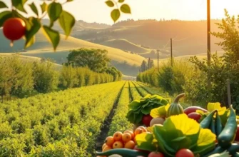 A picturesque landscape with a sunlit orchard filled with colorful fruits and vegetables.