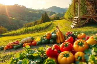 Photorealistic landscape of a sunny field with thriving fruits and vegetables, signifying healthy nutrition.