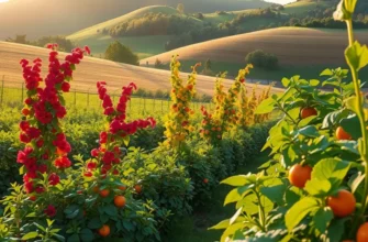 A bright field filled with fruits and vegetables conveying health and abundance.